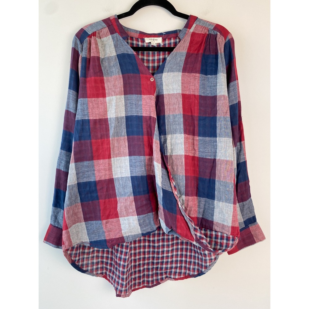 Umgee Womens Oversized Plaid Shirt‎ M Red Blue Crossover Flannel Checkered Boho